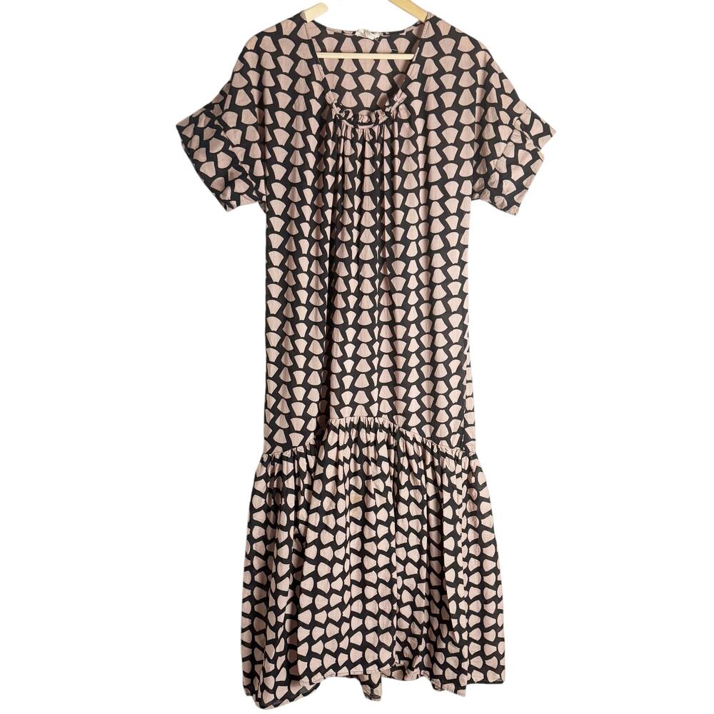 Mirth Black Tan Geo Print Drop Waist Flounce Short Sleeve Maxi Dress Size Small